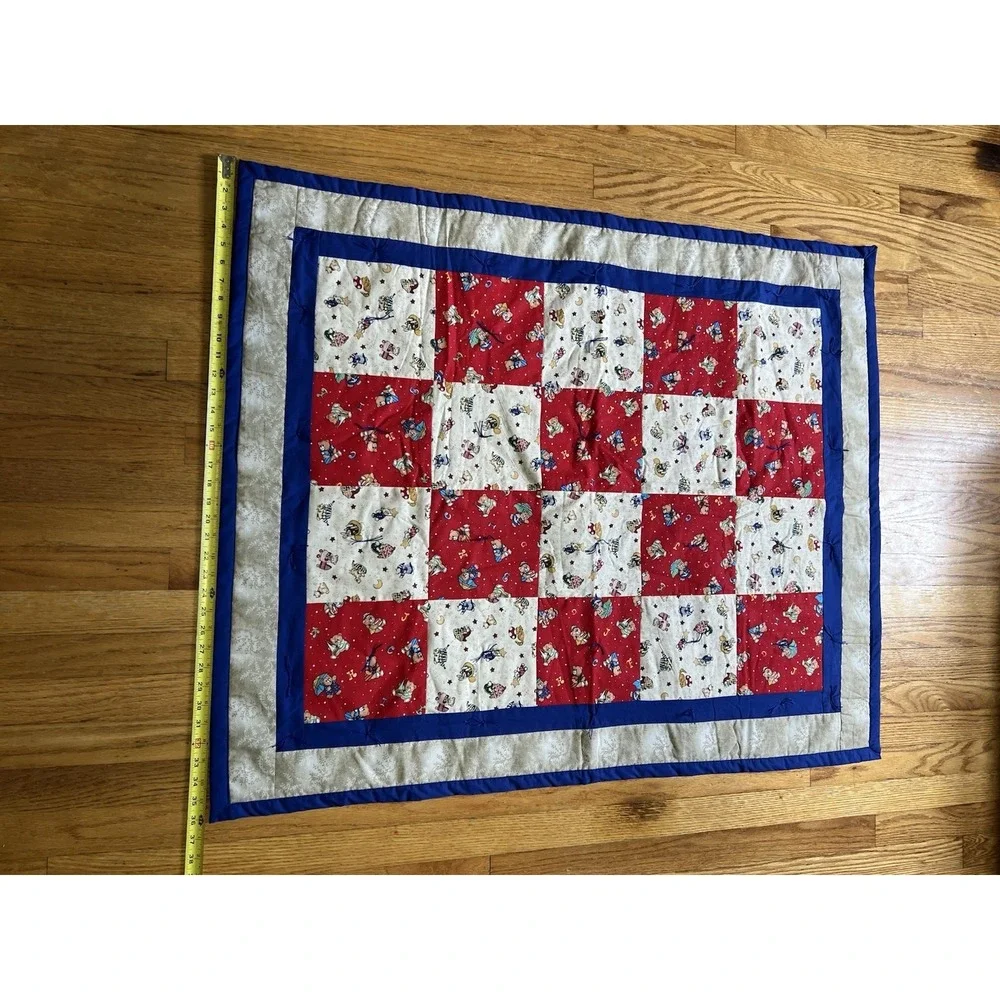 Handmade Baby Quilt Nursery Patchwork Blanket Red Blue 47x38 Tied Quilt